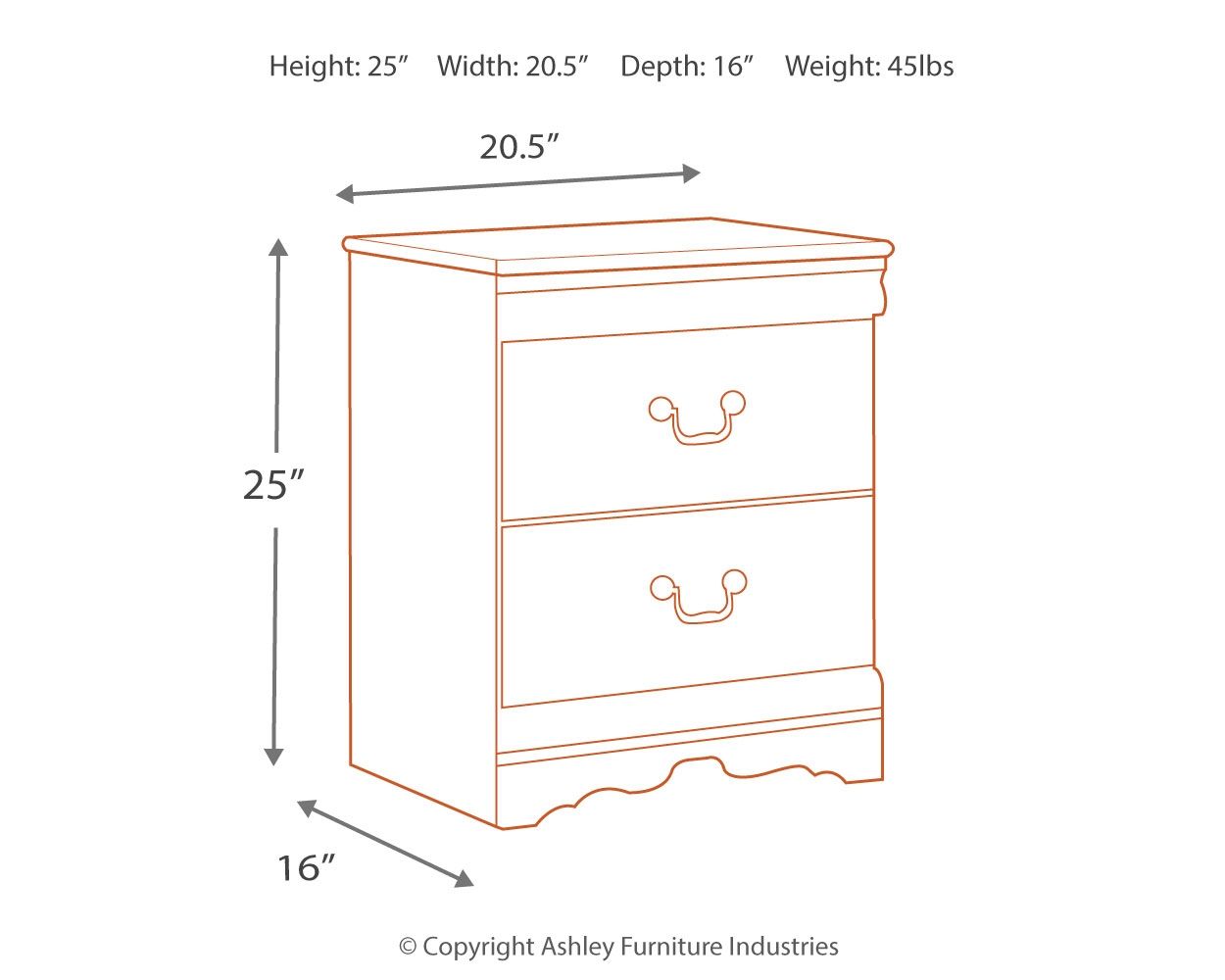 Two-drawer nightstand dimension diagram with height and width measurements