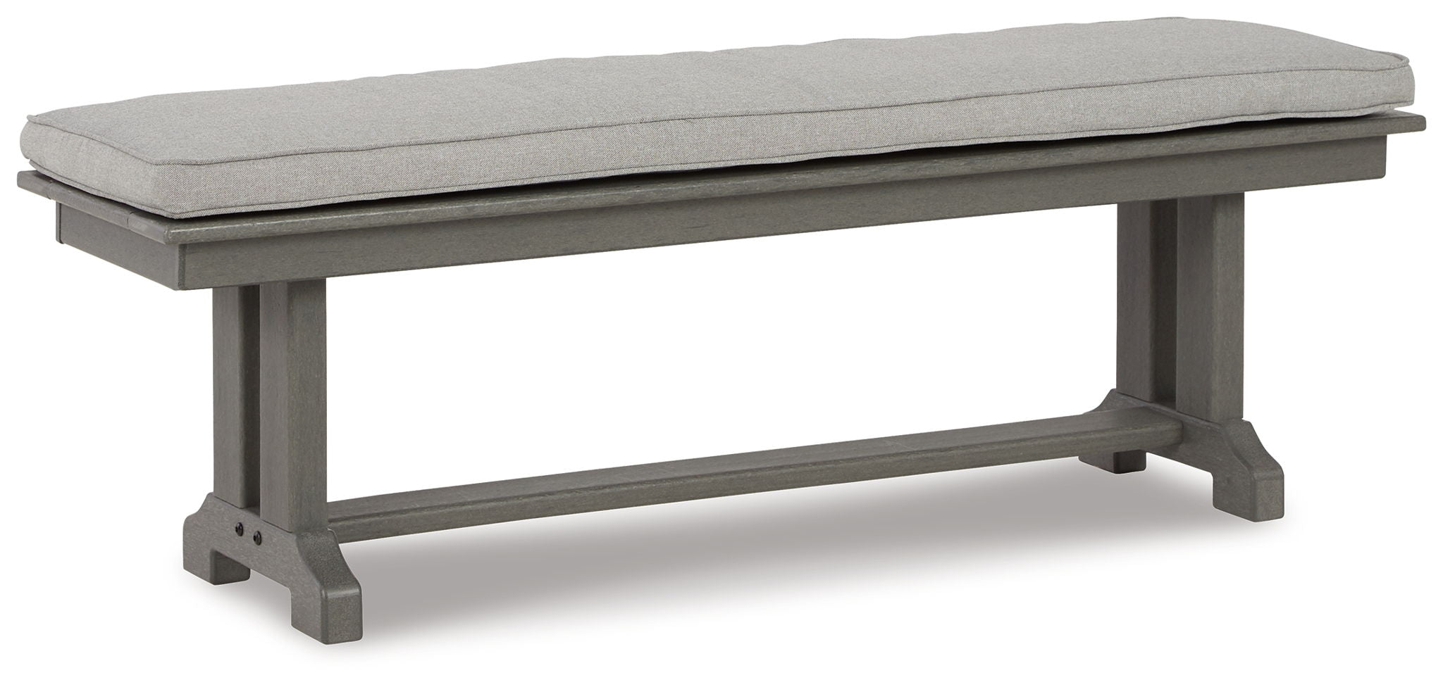 Gray outdoor bench with cushion, rectangular padded seat on gray frame