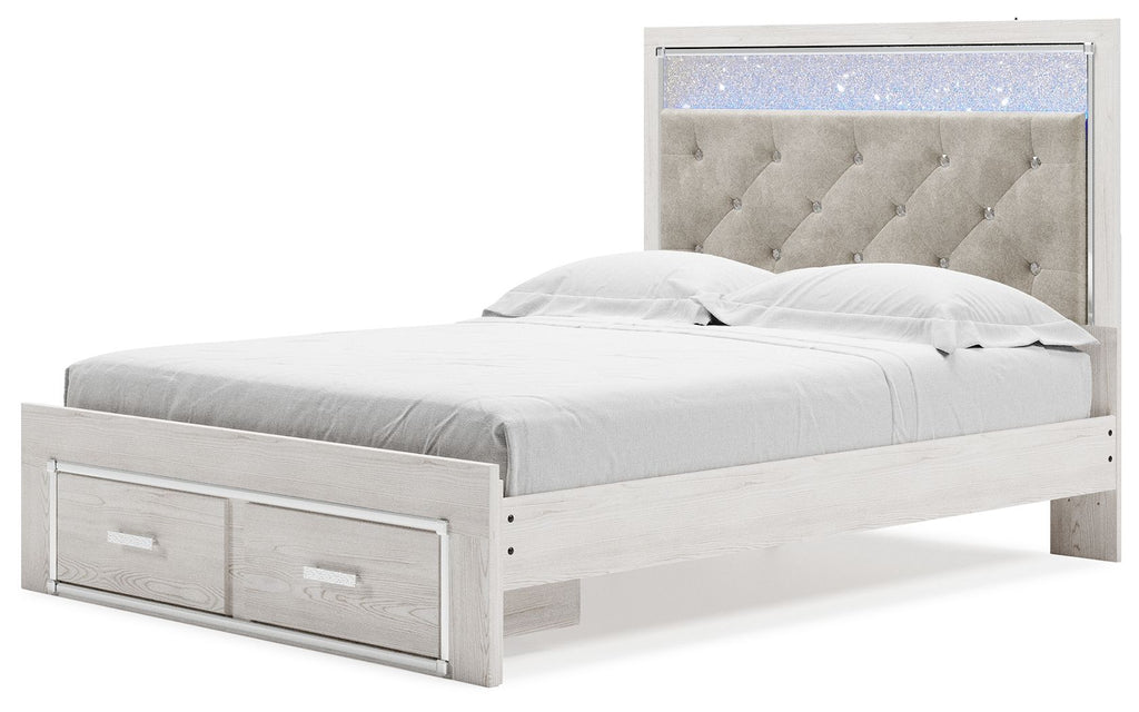 Panel bed with upholstered headboard and white frame; footboard storage drawers