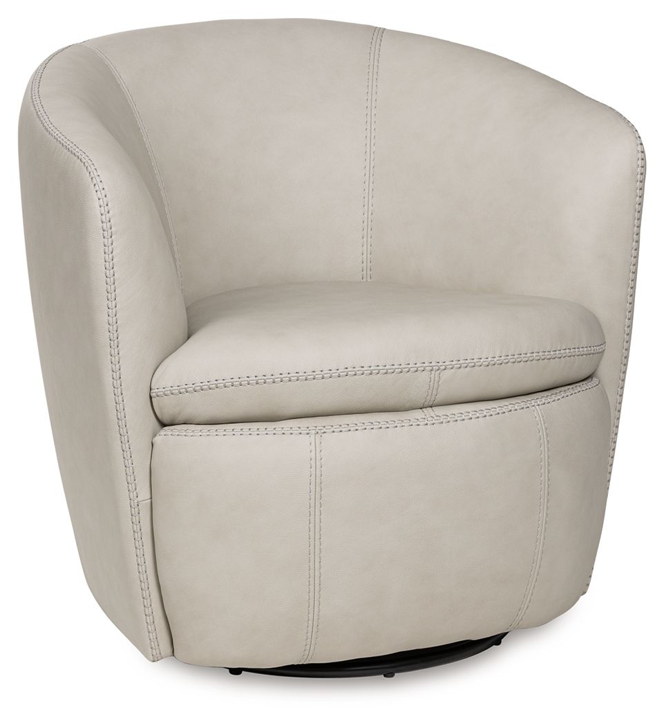 Beige upholstered swivel chair with curved arms and piped seams