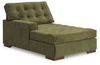Olive green corner chaise upholstered in fabric, with button-tufted back and seat