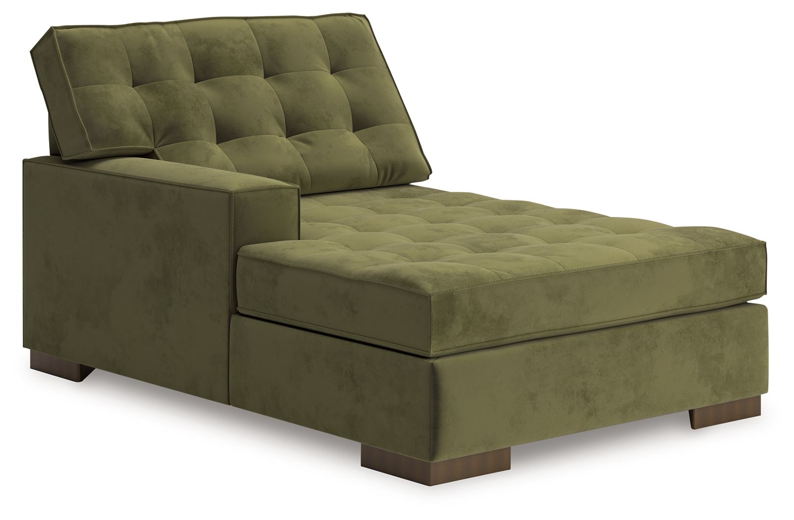 Olive green corner chaise upholstered in fabric, with button-tufted back and seat