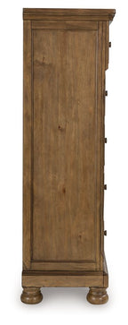 Medium brown wooden tall chest side panel with metal pull handles and bun feet