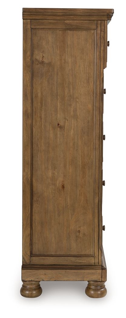Medium brown wooden tall chest side panel with metal pull handles and bun feet