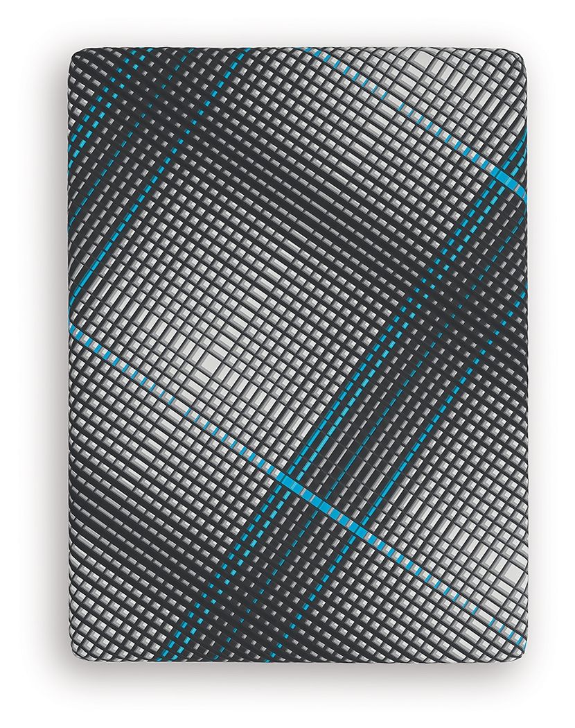 Hybrid 16-inch mattress cover close-up: grey grid weave with teal and black trim