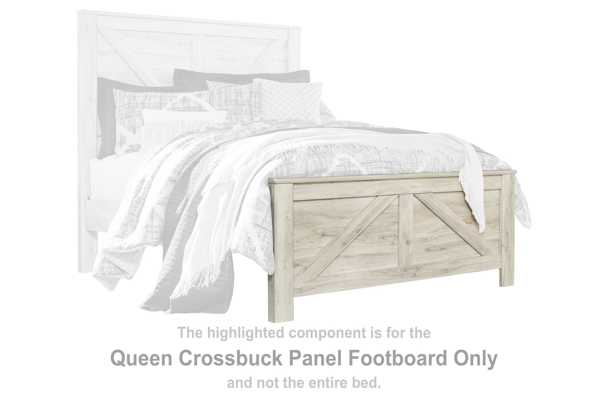 Whitewash queen crossbuck panel footboard with slatted center panel