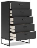 Black drawer chest with four drawers, side view with open interior shelves