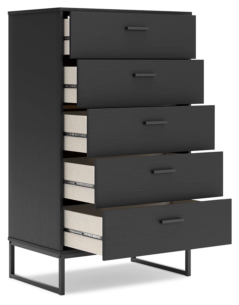 Black drawer chest with four drawers, side view with open interior shelves