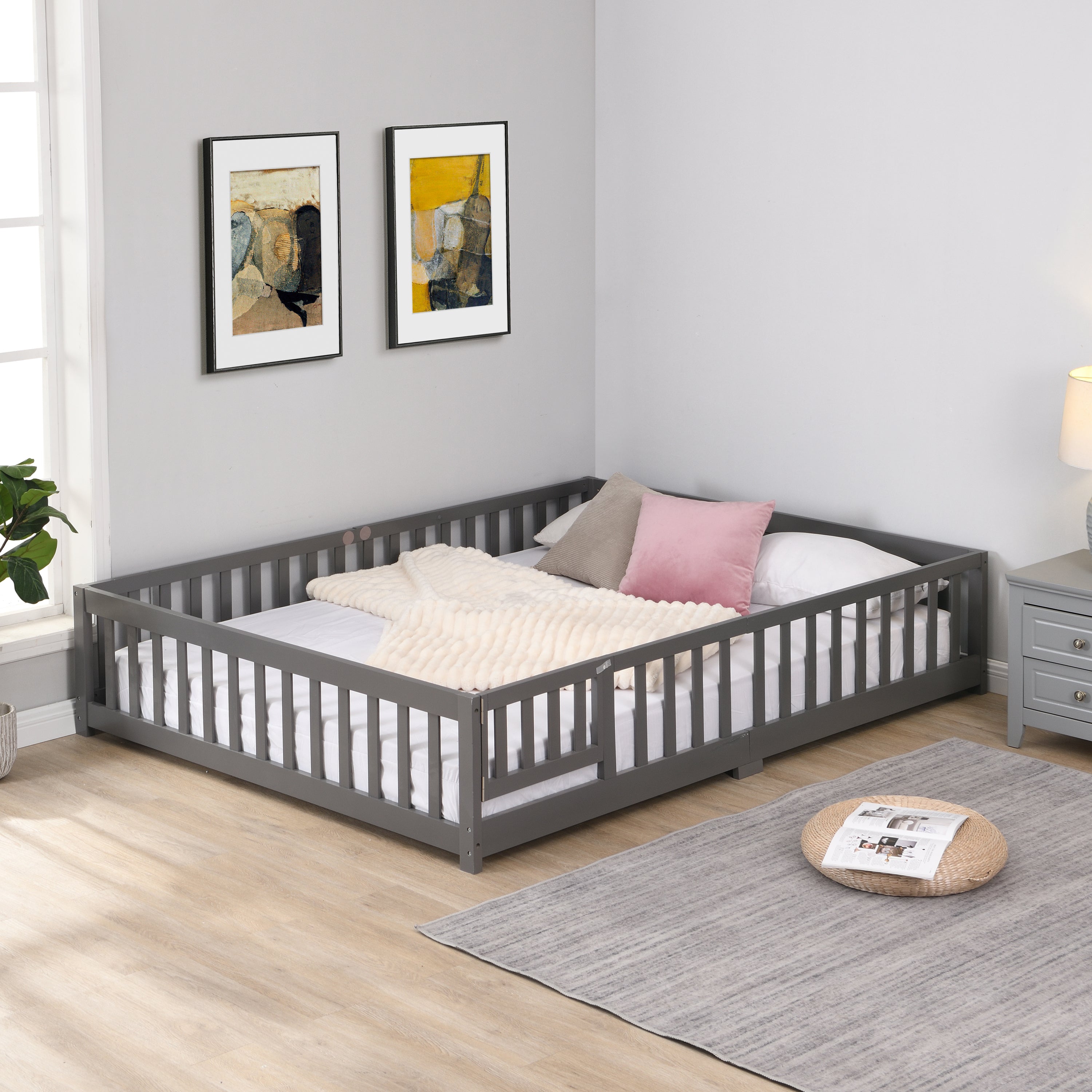 Full Size Solid Pine Wood Gray Floor Bed with Door & Fence