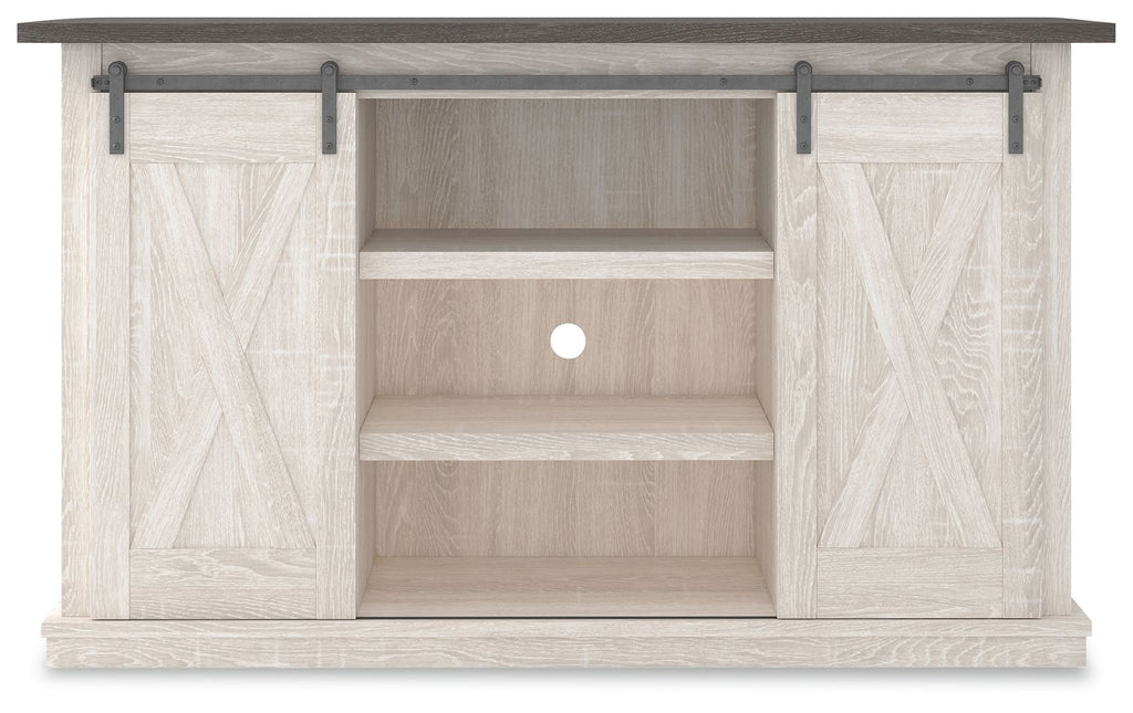 White TV stand with open shelves and dark top, center cubby, metal bar handles