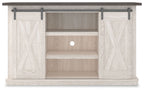 White TV stand with open shelves and dark top, center cubby, metal bar handles