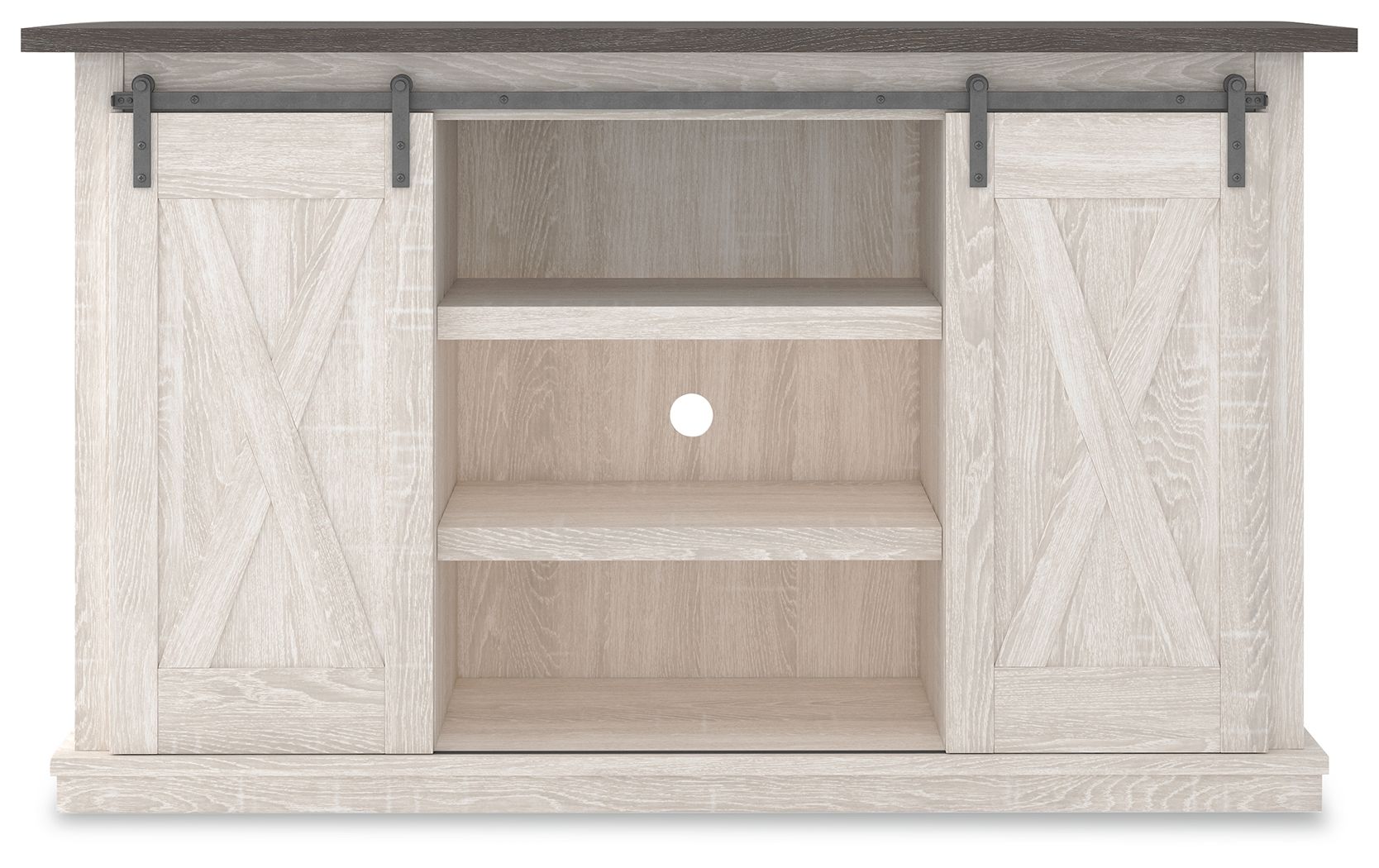 White TV stand with open shelves and dark top, center cubby, metal bar handles
