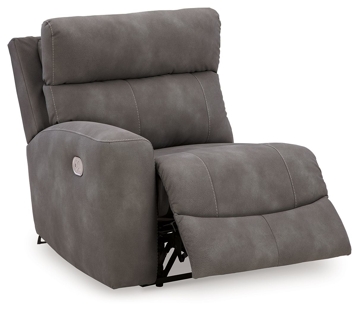 Slate gray power recliner chair with padded headrest, curved arms, and extended footrest