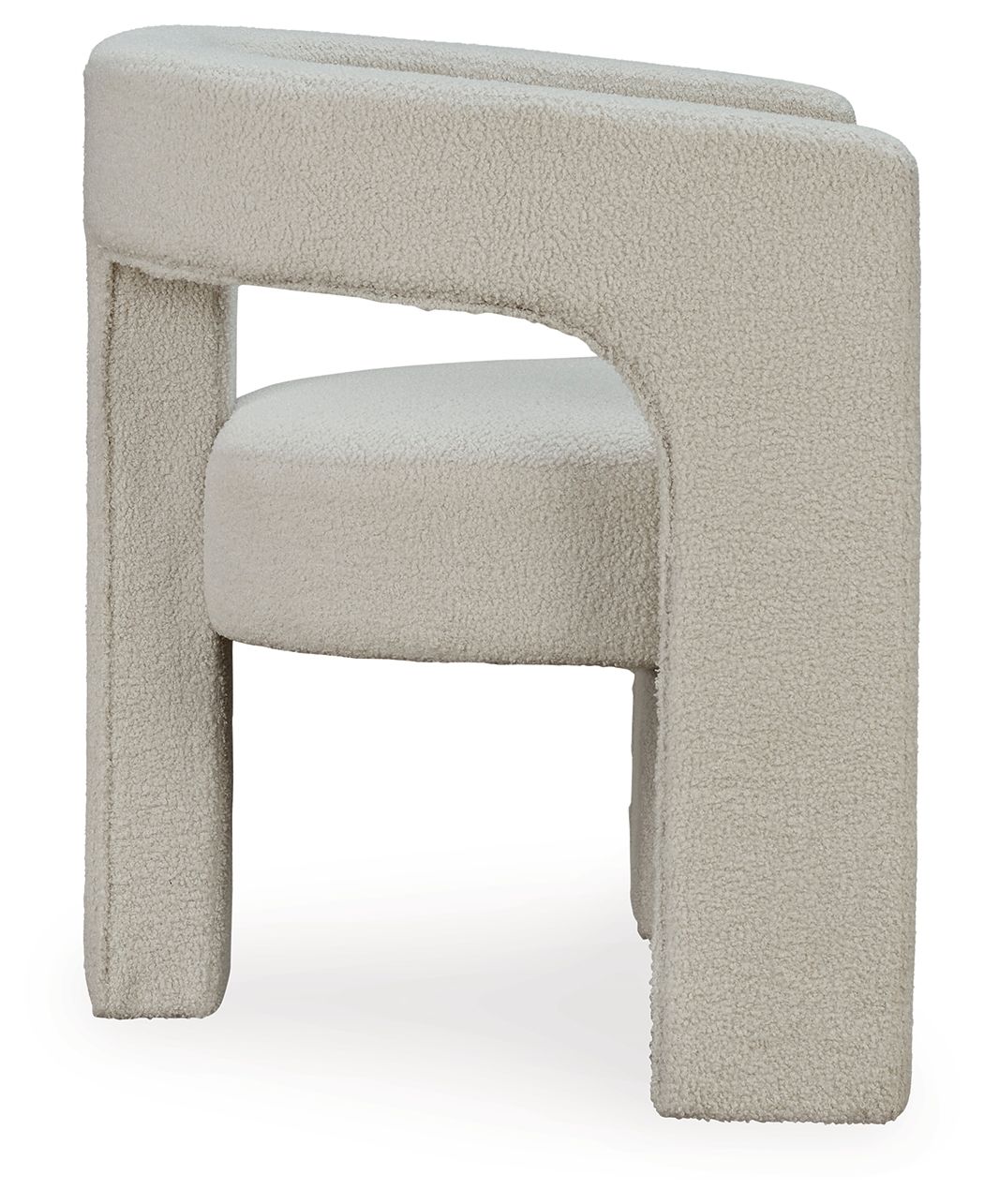 Light beige upholstered accent chair with curved side arms and block legs