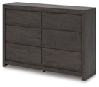 Charcoal six-drawer dresser with two-column drawer fronts and sturdy angled legs