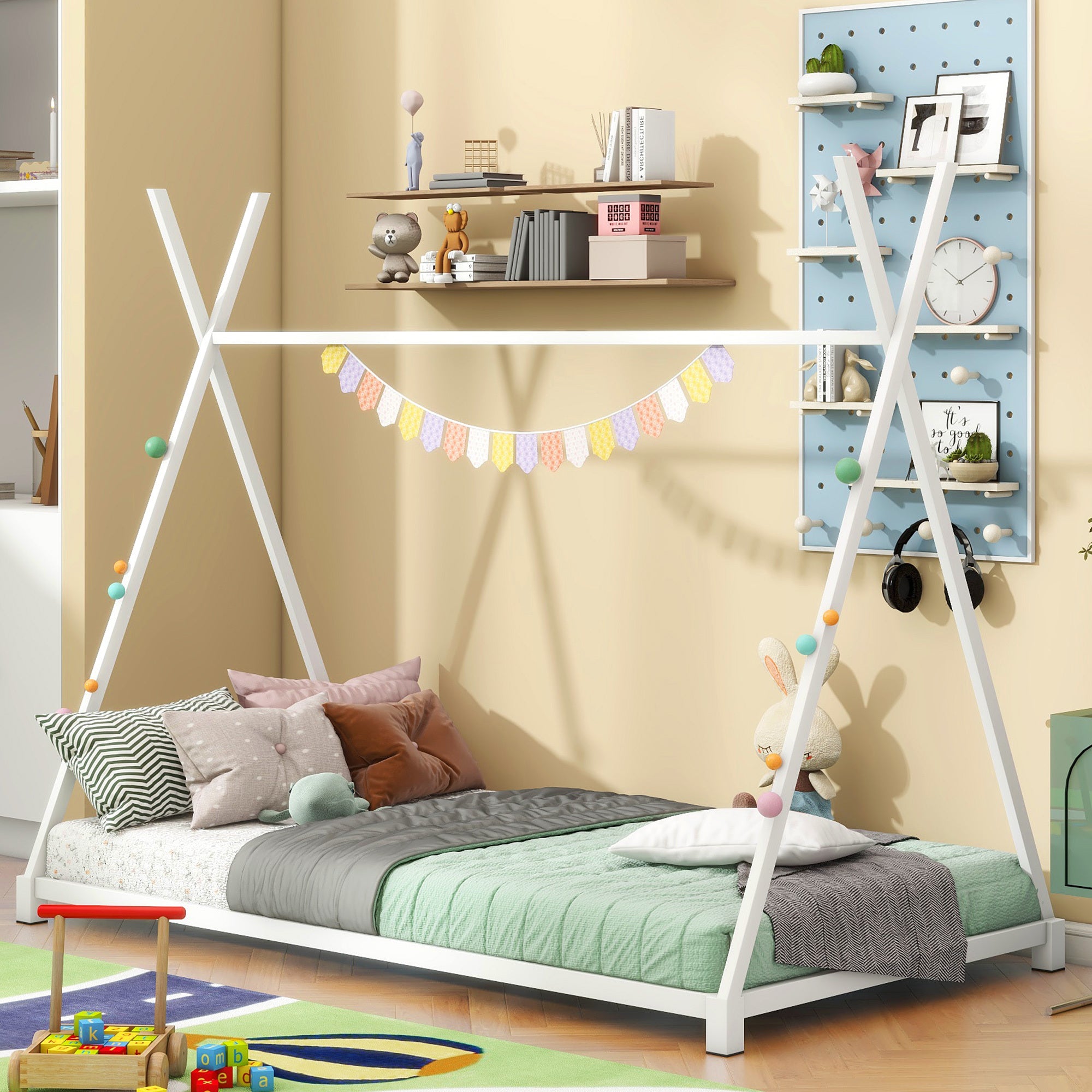 White Metal Twin Size House Platform Bed – Triangular Design