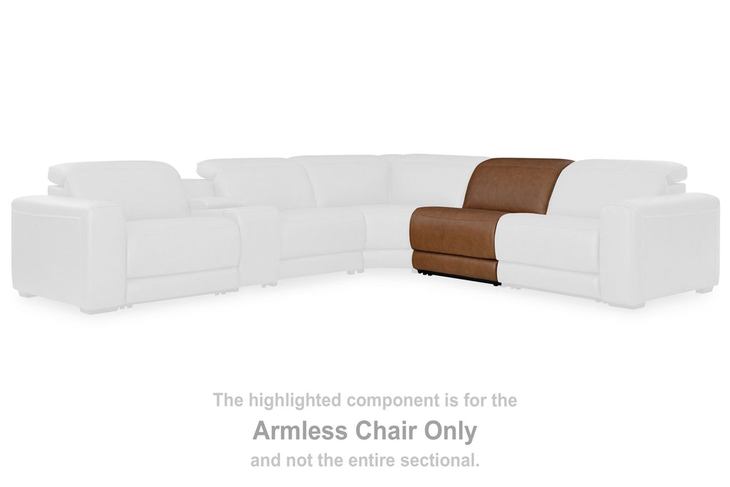 Caramel armless chair component for sectional seating, with manual headrest