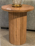 Towner Grove round end table with round light brown wood top and vertical panel sides