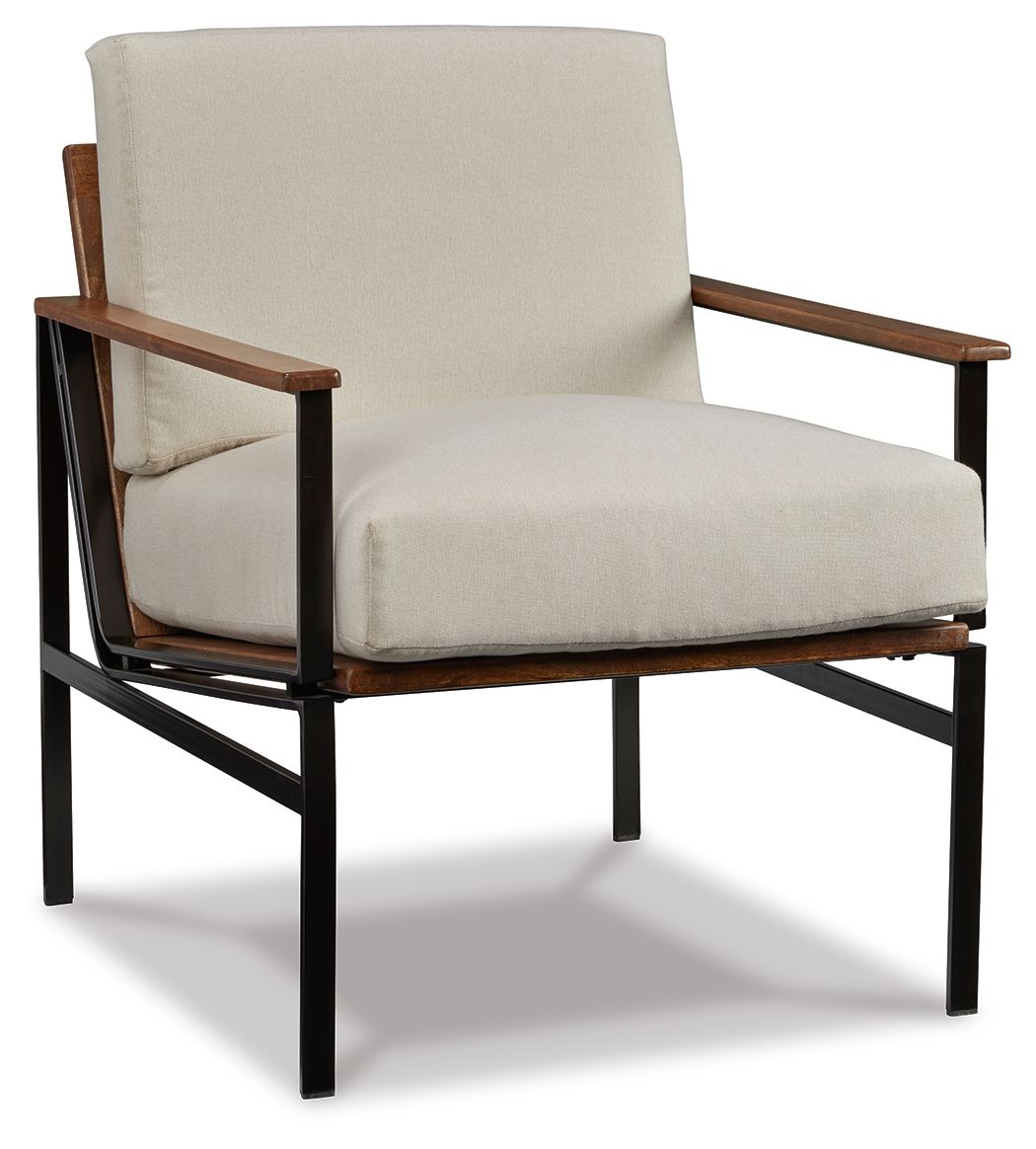 Tilden accent chair in ivory with wide arms and cushioned seat, brown frame details