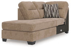 Mocha corner chaise with padded arms and back, plus striped throw pillow