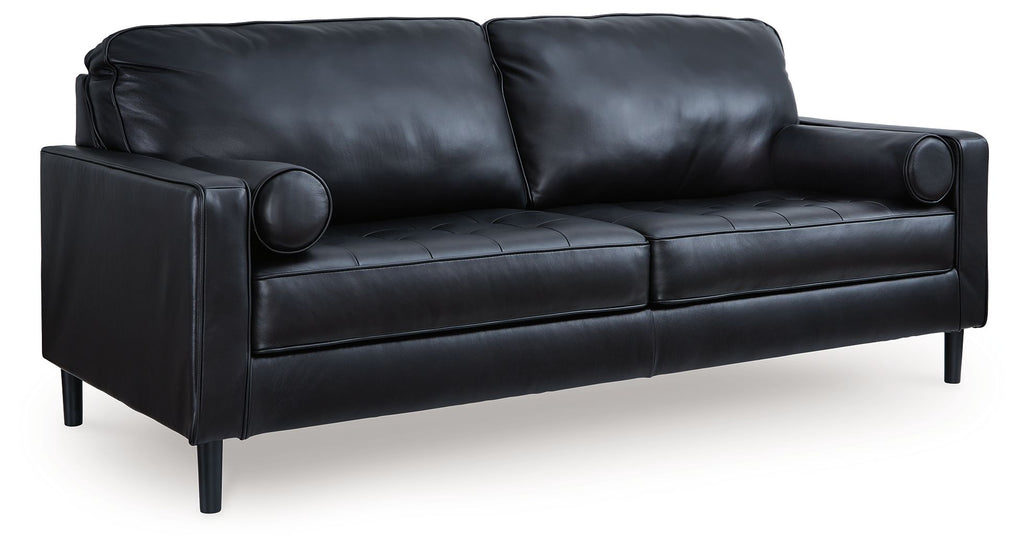 Onyx two-seat sofa with rolled arms, two back cushions, and dark upholstery
