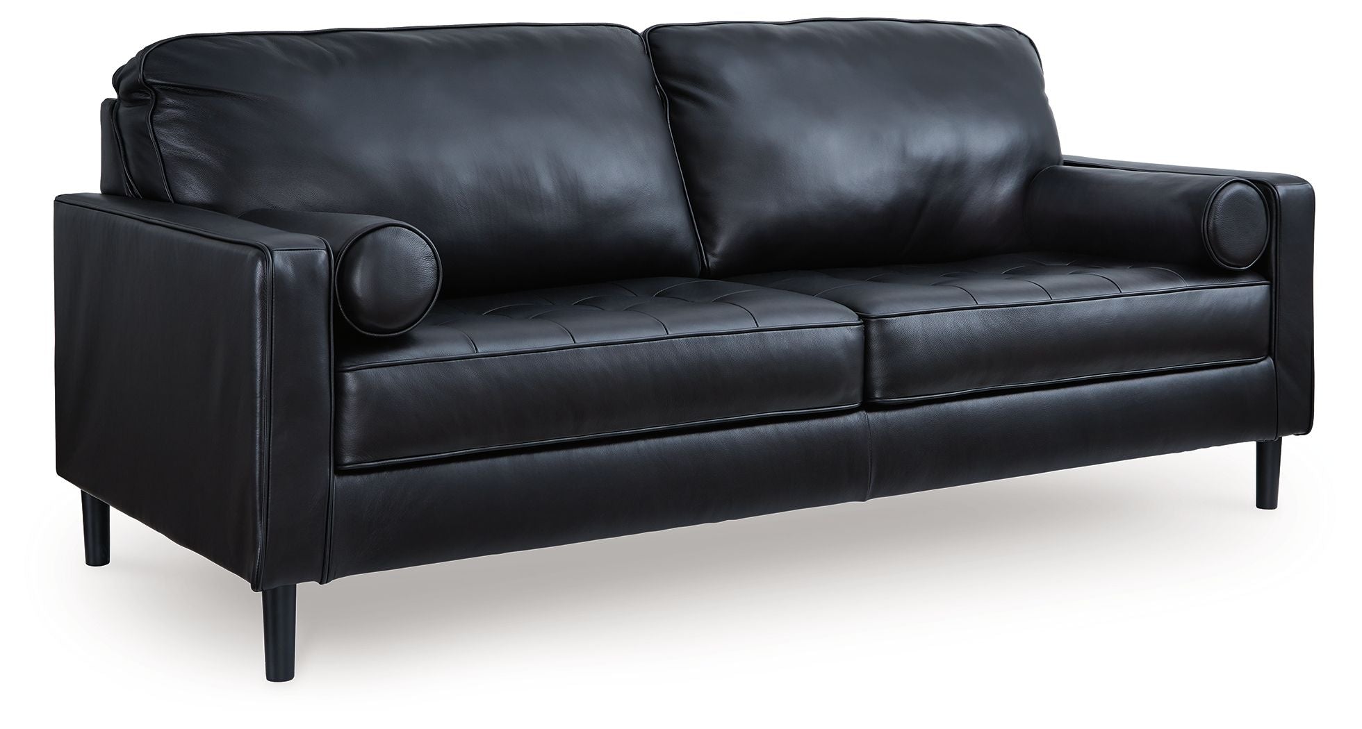 Onyx two-seat sofa with rolled arms, two back cushions, and dark upholstery