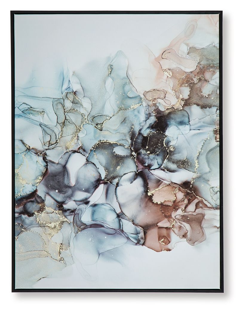 Framed abstract wall art with soft blue and brown fluid ink swirls