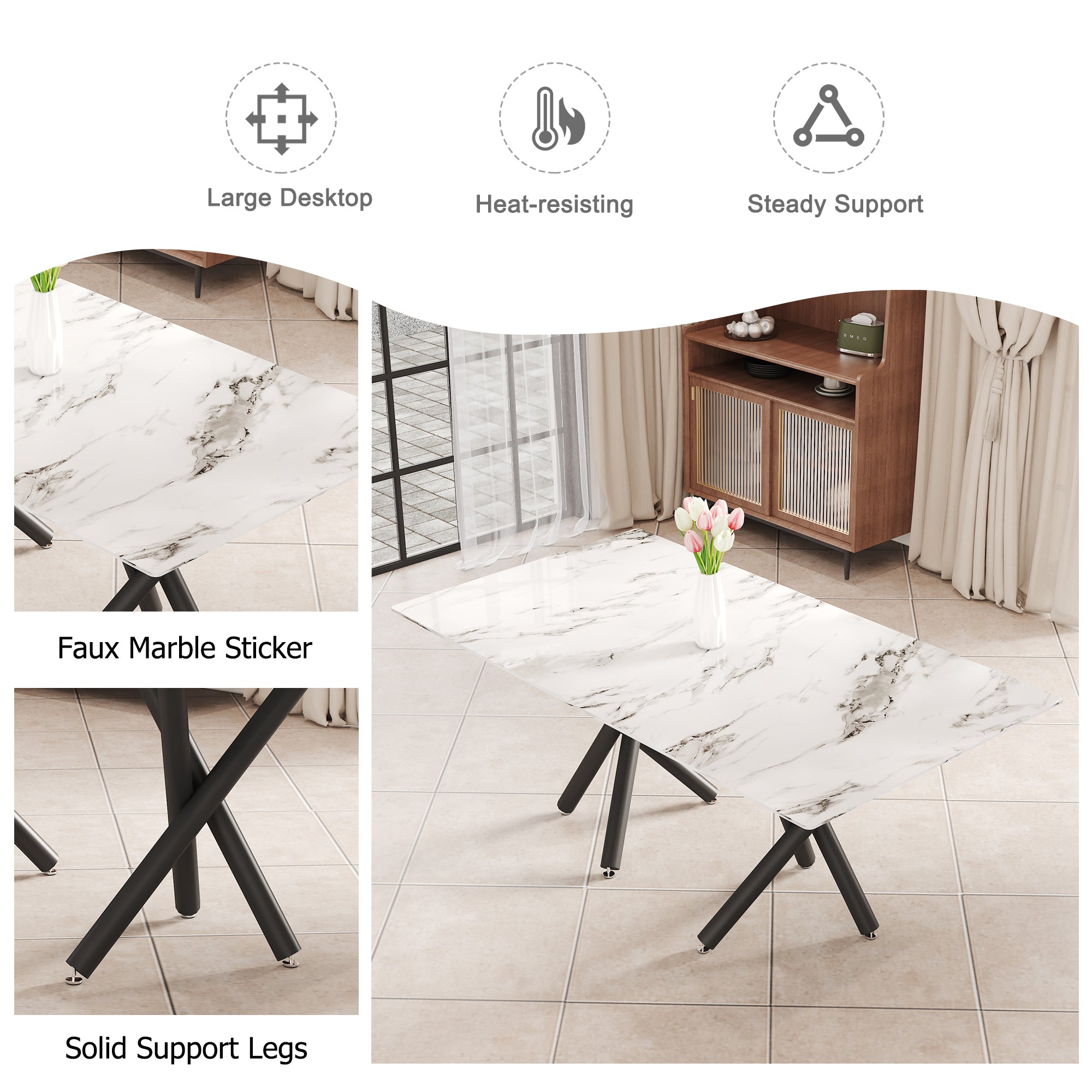 White Marble Dining Table & 8 Black Chairs Set F-1538