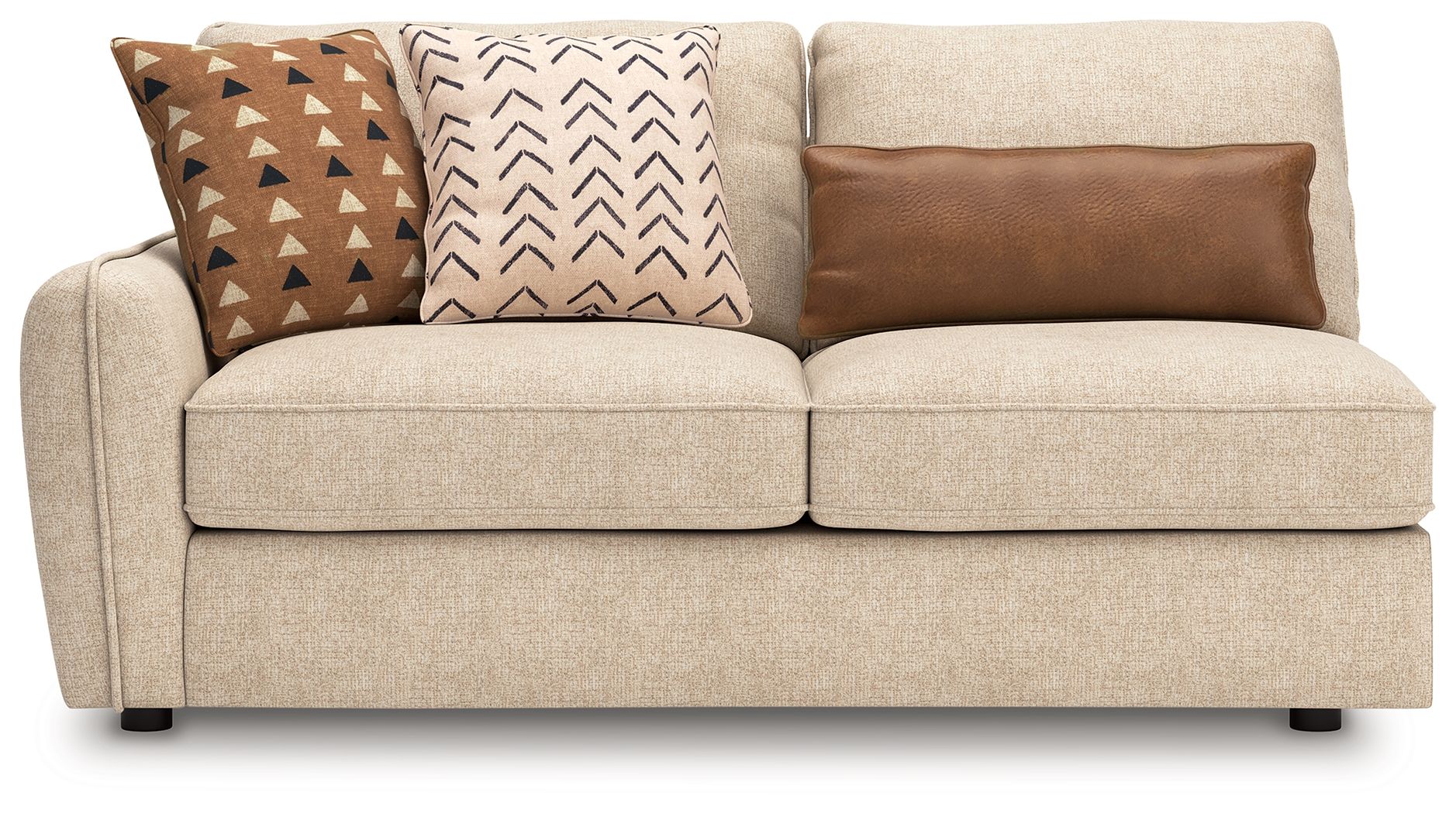 Sand LAF sofa with light beige upholstery and three decorative pillows, wide seat cushions.