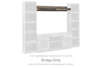 Gray bridge shelf unit with open white side panels and horizontal beams