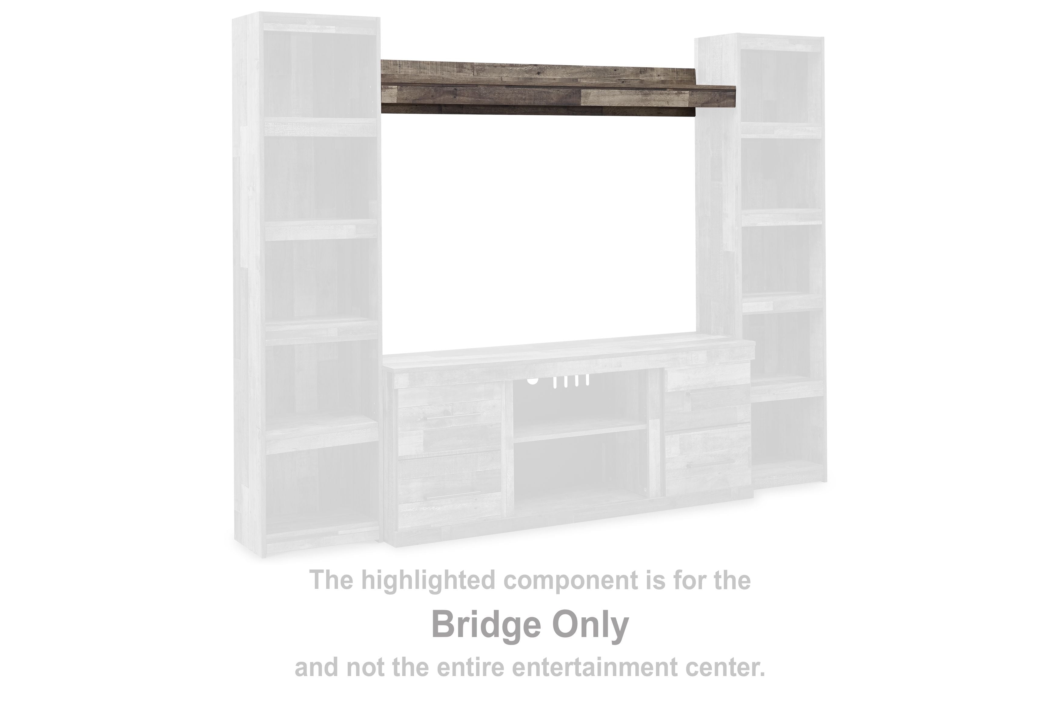 Gray bridge shelf unit with open white side panels and horizontal beams