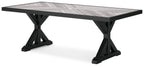 Rectangular dining table with black cross-legs and light gray tabletop