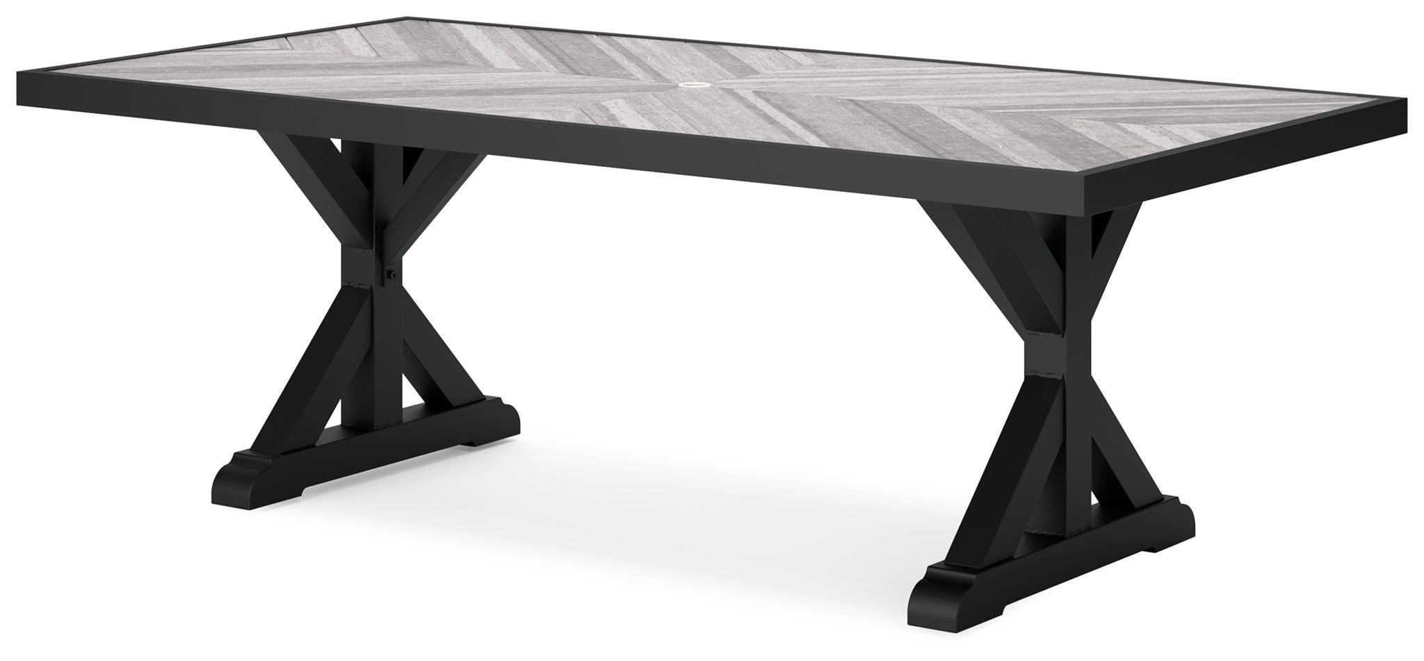 Rectangular dining table with black cross-legs and light gray tabletop