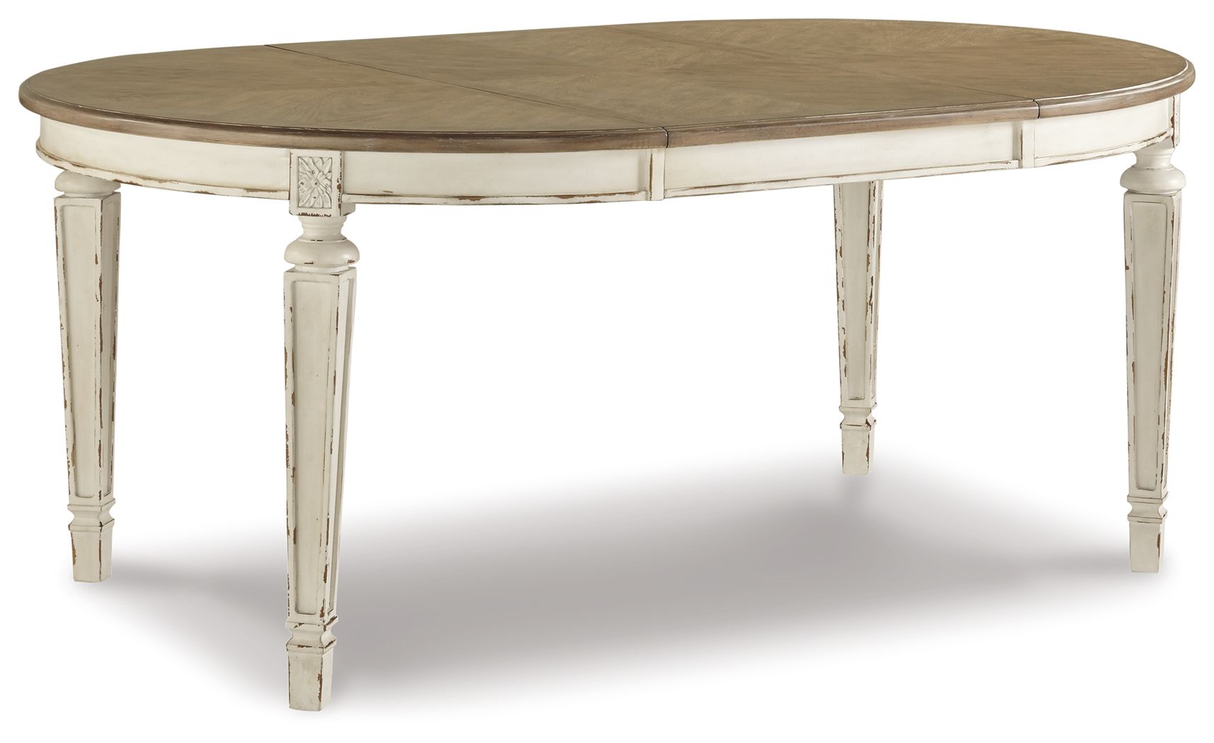 Oval dining extension table with chipped white legs and wood-look oval tabletop