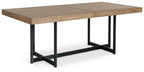 Light brown dining table with black metal legs and lower support bar.