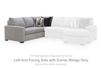 Grey left-arm sofa with corner wedge, black base trim; shown with extended chaise section