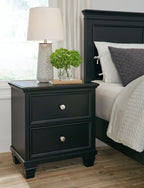 Dark two-drawer nightstand with round knobs and square-taper legs