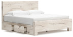 Beige panel bed with footboard storage drawer and white mattress
