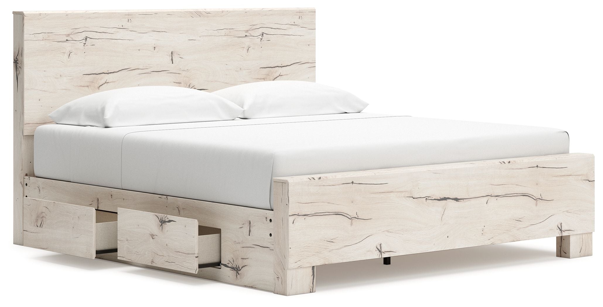Beige panel bed with footboard storage drawer and white mattress