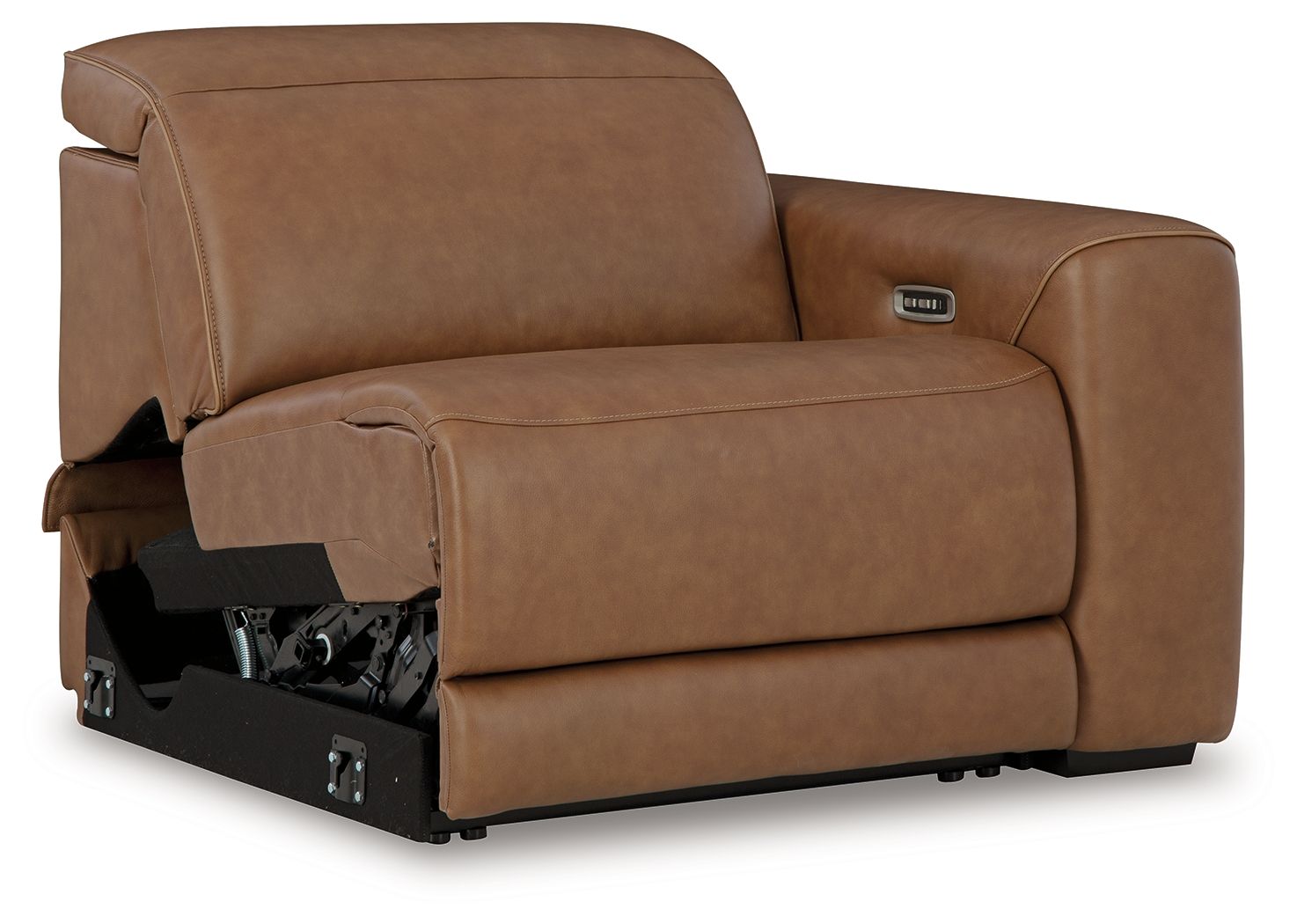 Caramel power recliner with upholstered arms and visible power mechanism under seat