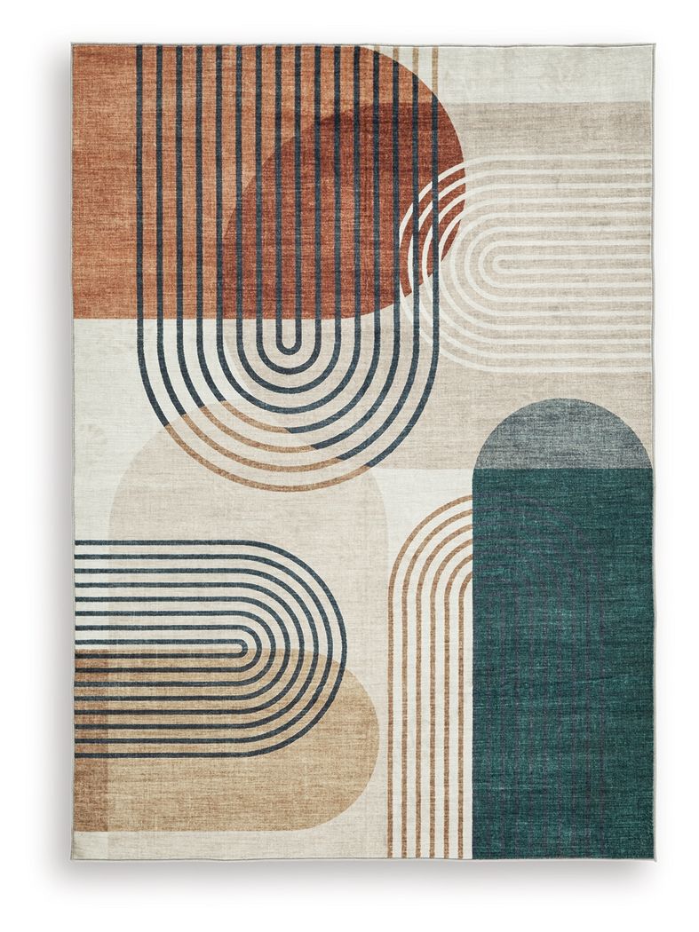 Farrendale washable rug, beige with rust and dark teal abstract curved line pattern