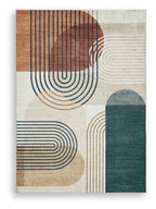 Farrendale washable rug, beige with rust and dark teal abstract curved line pattern