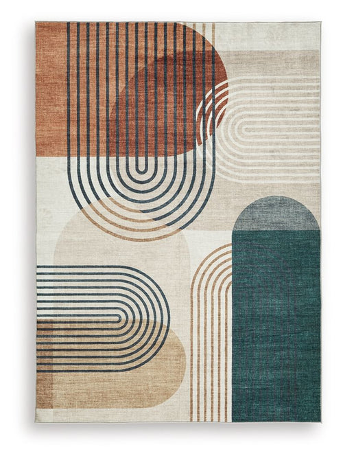 Farrendale washable rug, beige with rust and dark teal abstract curved line pattern