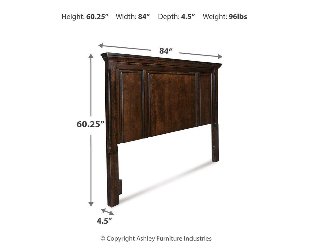 Panel headboard diagram in rustic brown showing height, width, and depth