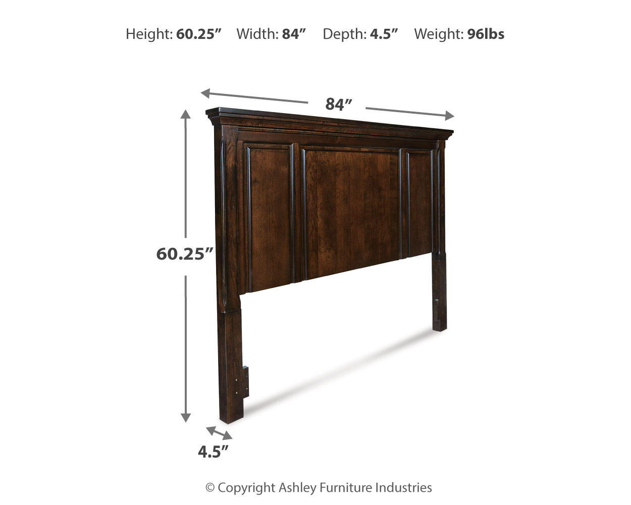 Panel headboard diagram in rustic brown showing height, width, and depth