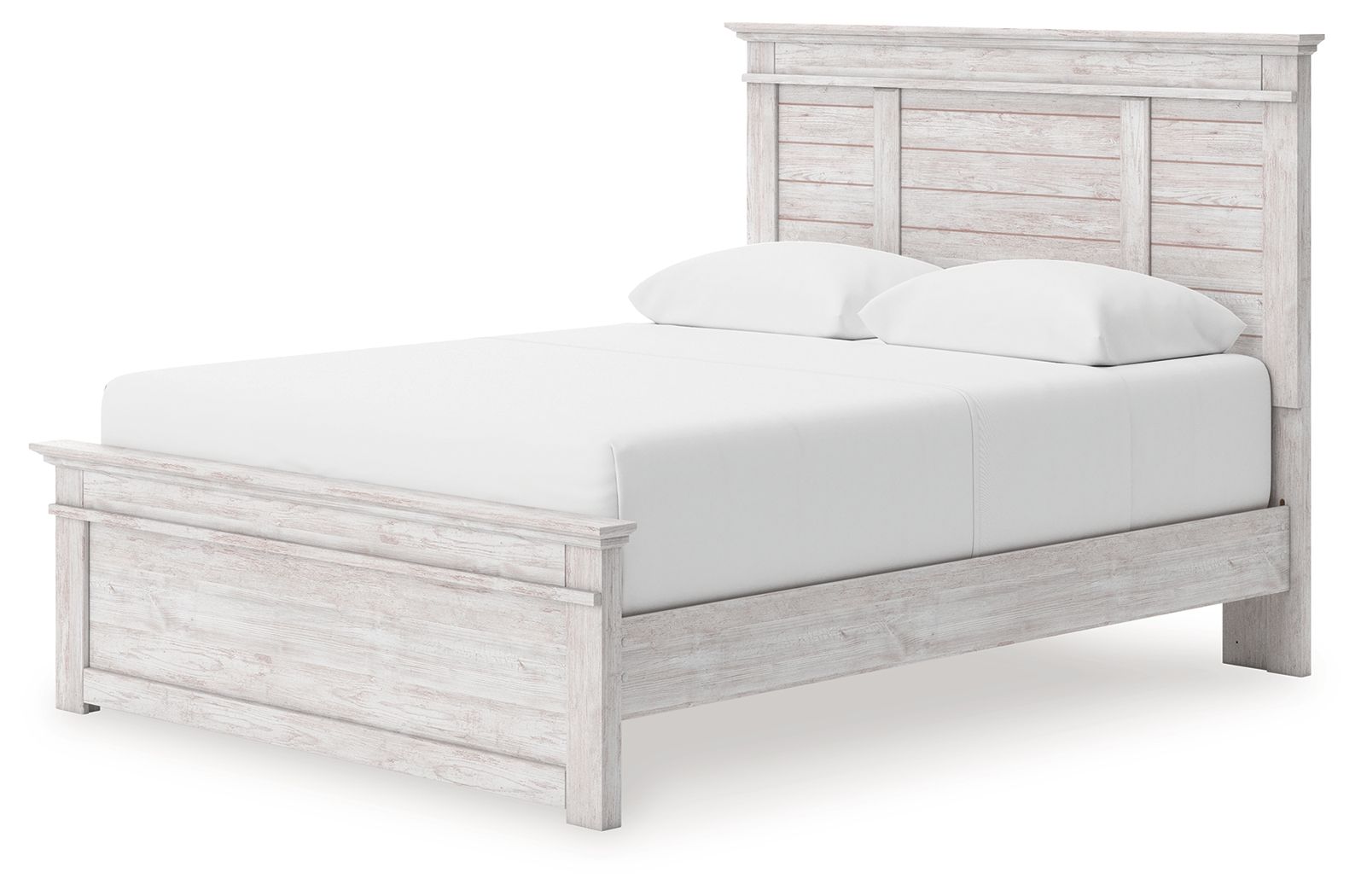 White panel storage bed with slatted base and drawer-style footboard storage
