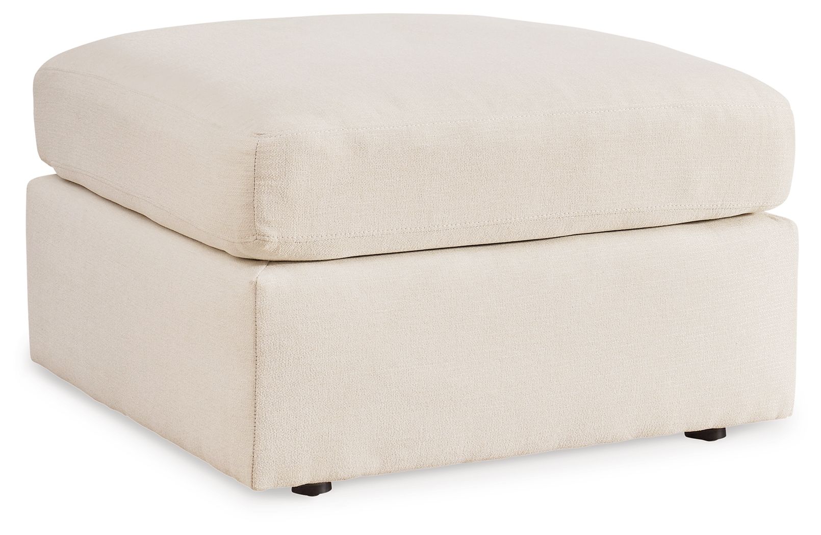White accent ottoman with cushioned top and square two-tier base, dark feet.
