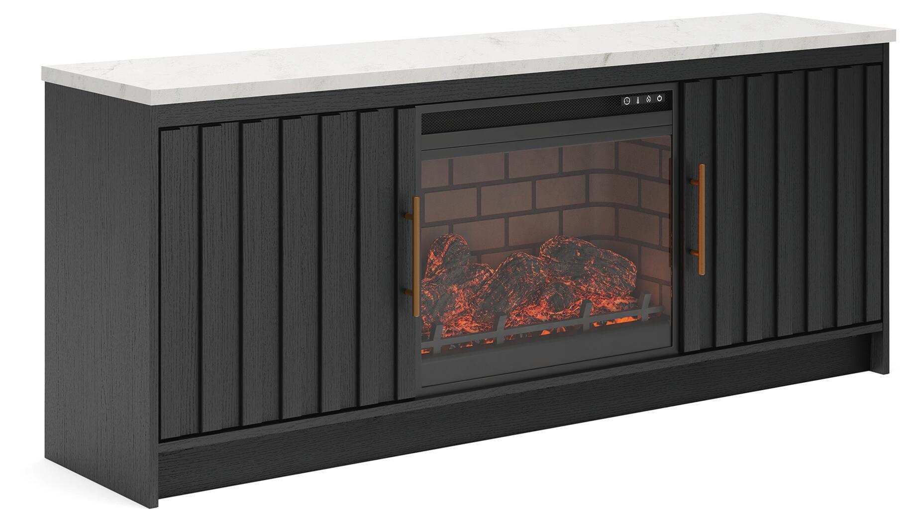 Cadmori TV stand with glass fireplace insert, black cabinet with red embers visible