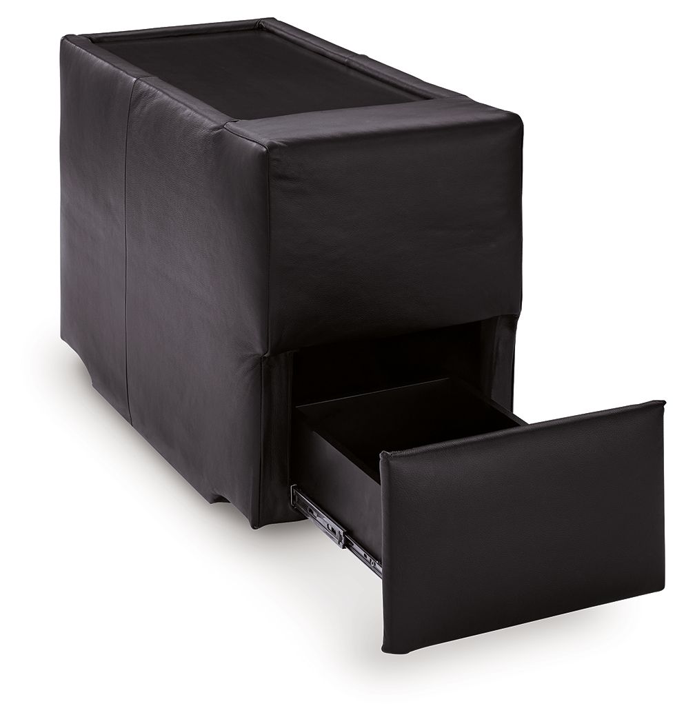 Black console with storage ottoman, top open reveal compartment
