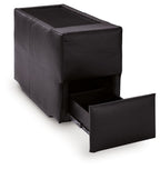 Black console with storage ottoman, top open reveal compartment